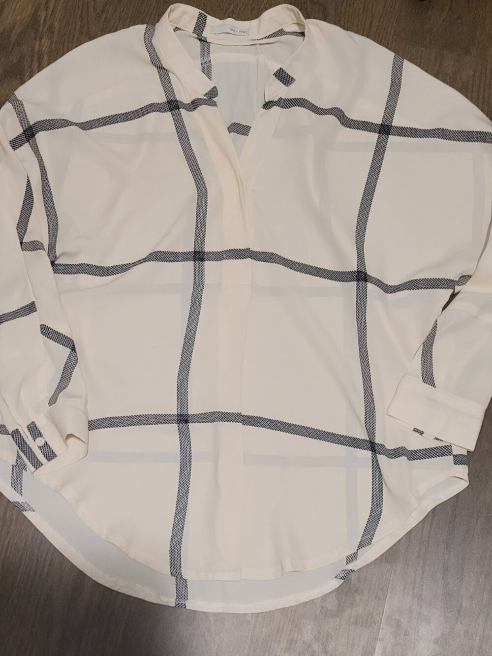 OAK + FORT Cream/Black Grid Print Long Sleeve Blouse